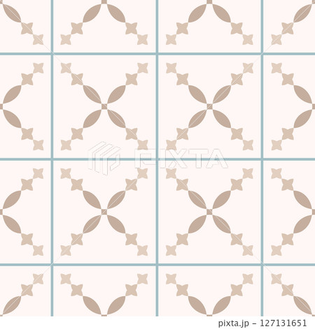 Abstract geometric floral motif tile seamless pattern. Portuguese and Spain ceramic decor. Minimalist boho brown textile, wall background. 127131651