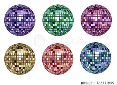Shiny disco ball halftone photocopy stipple effect collage element with sparkling reflections isolated on white background for party and celebration theme 127131659