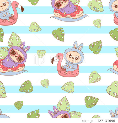 Seamless pattern Cute Monster Toy on pink flamingo and donut pool with tropical leaves on striped background. Funny Beach summer kawaii character. Vector illustration. Kids collection 127131696