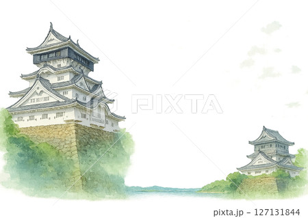 小倉城と夏の青空が調和した歴史と自然の和風フレーム（中央余白・透過PNG） 127131844