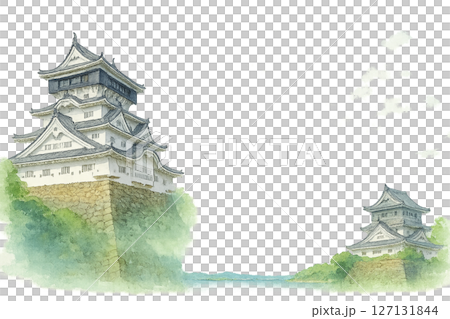 小倉城と夏の青空が調和した歴史と自然の和風フレーム（中央余白・透過PNG） 127131844