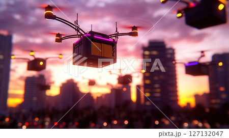 Drones with illuminated lights hover through a vibrant cityscape at sunset, delivering packages while futuristic technology transforms urban logistics. Robotics and automation 127132047