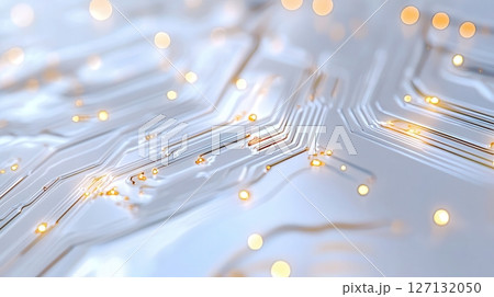 Futuristic circuit board with glowing lights showcasing advanced technology and intricate patterns in a modern electronics environment. Robotics and automation 127132050