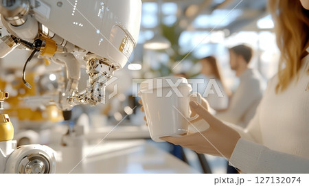 Female with robotic arm receiving coffee in futuristic cafe featuring soft lighting and modern design elements. Robotics and automation 127132074