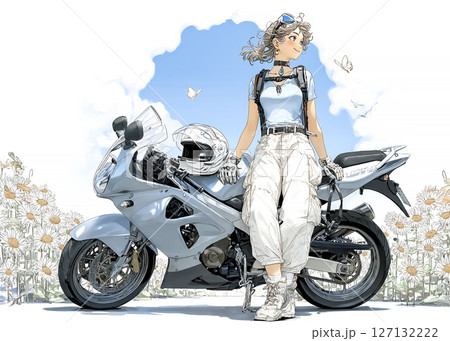 スポーツバイクでヒマワリを身に来た女性ライダーのイラスト素材 127132222