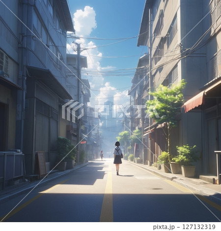昼間の明るい街を歩く少女の人影 127132319