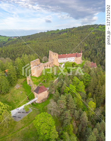Aerial view captures the majestic ruins of Velhartice Castle surrounded by lush greenery and forest during spring. The tranquil setting highlights the historical significance and natural beauty. 127132502