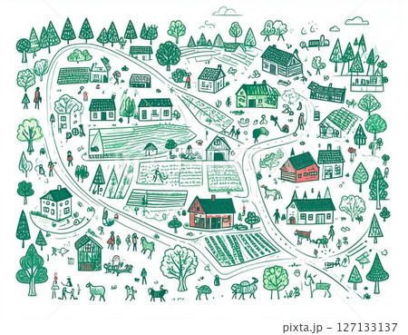 豊かな自然に囲まれた村のグラフィック 127133137