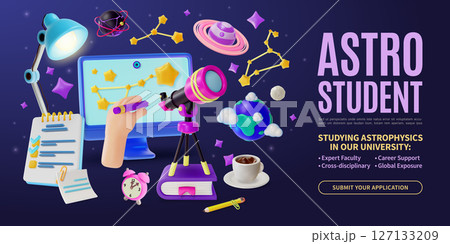 3d Astro Student Studying Astrophysics in University Concept Ads Banner Promotion Poster Card Cartoon Design Style. Vector illustration 127133209