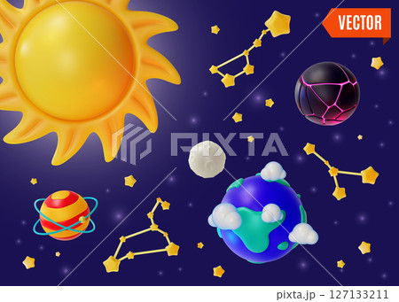 3d Space Exploration Stars and Planets Concept Background Cartoon Design Style. Vector illustration of Sun and Star Constellations 127133211