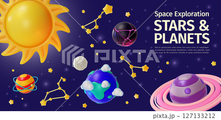3d Space Exploration Stars and Planets Concept Ads Banner Promotion Poster Card Cartoon Design Style. Vector illustration 127133212
