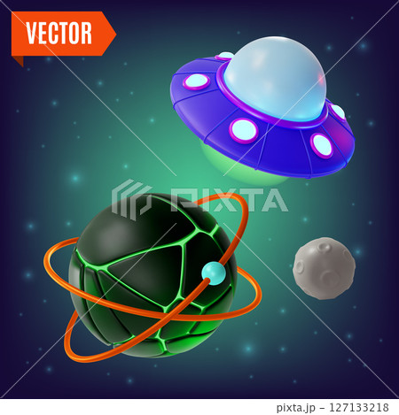 3d Space Exploration Concept Ufo Ship and Dark Planet Cartoon Design Style. Vector illustration 127133218