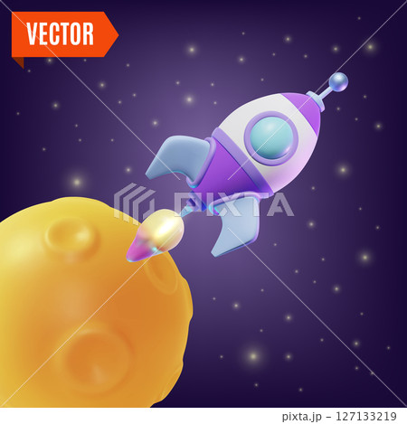 3d Space Exploration Concept Rocket Flight Spaceship and Moon Cartoon Design Style. Vector illustration of Flying Shuttle 127133219