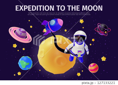 3d Expedition to The Moon Concept Ads Banner Promotion Poster Card Cartoon Design Style. Vector illustration 127133221