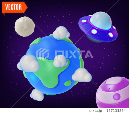 3d Space Exploration Concept Earth Planet with Moon and Ufo Ship Cartoon Design Style. Vector illustration 127133234