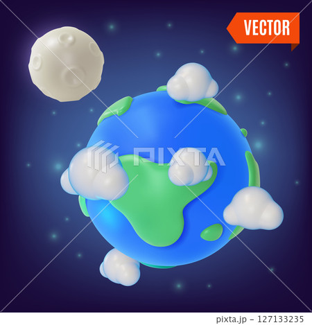 3d Space Exploration Concept Earth Planet and Moon Cartoon Design Style. Vector illustration of Satellite System 127133235