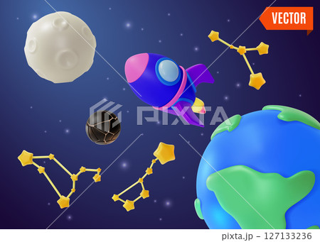 3d Space Exploration Concept Rocket Embarking on a Galaxy Cartoon Design Style. Vector illustration of Spaceship 127133236