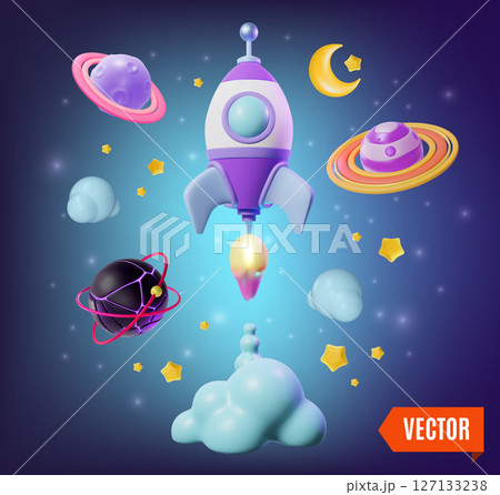 3d Cosmic Travel Begins Realistic Simulation Flexible Learning Global Community Concept Background Cartoon Design Style. Vector illustration 127133238