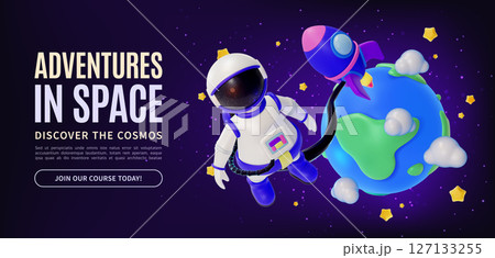 3d Adventures in Space Discover The Cosmos Concept Ads Banner Promotion Poster Card Cartoon Design Style. Vector illustration 127133255
