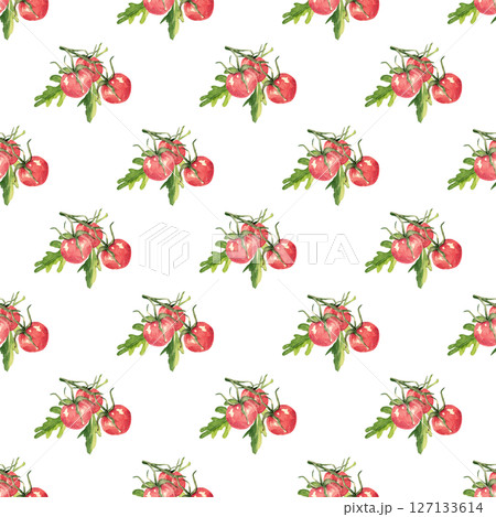 Watercolor red cherry tomatoes on a branch. The gardener's ripe harvest. Seamless pattern for your summer kitchen or porch design, perfect for tablecloths, pillows and towels Watercolor red cherry tomatoes on a branch. The gardener's ripe harvest. Seamless pattern for your summer kitchen or porch design, perfect for tablecloths, pillows and towels 127133614