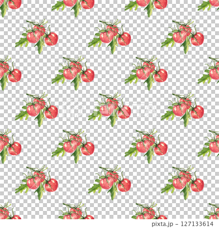 Watercolor red cherry tomatoes on a branch. The gardener's ripe harvest. Seamless pattern for your summer kitchen or porch design, perfect for tablecloths, pillows and towels Watercolor red cherry tomatoes on a branch. The gardener's ripe harvest. Seamless pattern for your summer kitchen or porch design, perfect for tablecloths, pillows and towels 127133614