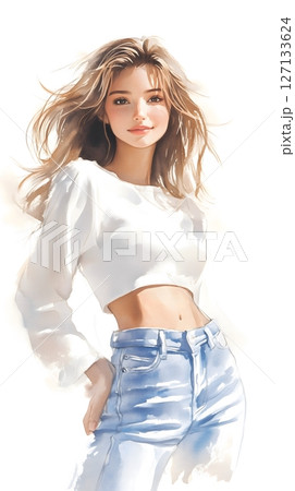 Smiling young korean woman in white crop top and high waist jeans with windblown hair 127133624