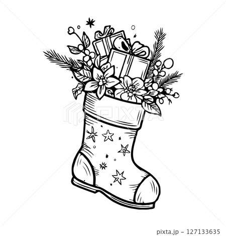 Christmas stocking filled with gifts, flowers, and pine branches in sketch style. 127133635