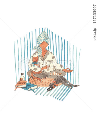 Young woman doing yoga, in lotus position. Girl with cats. Red and black cat. EEveryday life of dark-haired girl. Watercolor illustration for your design 127133997