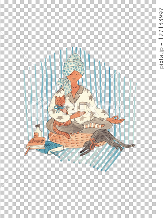 Young woman doing yoga, in lotus position. Girl with cats. Red and black cat. EEveryday life of dark-haired girl. Watercolor illustration for your design 127133997