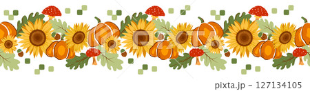 Autumn floral seamless border pattern with, sunflowers, leaves, pumpkins, acorns, and mushrooms. Harvest festival, Halloween or Happy Thanksgiving concept design. Autumn floral seamless border pattern with, sunflowers, leaves, pumpkins, acorns, and mushrooms. Harvest festival, Halloween or Happy Thanksgiving concept design. 127134105