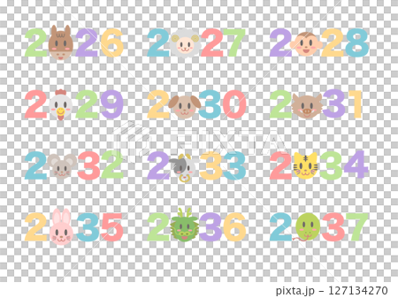 十二支動物の顔と年のイラストセット 十二支動物の顔と年のイラストセット 127134270