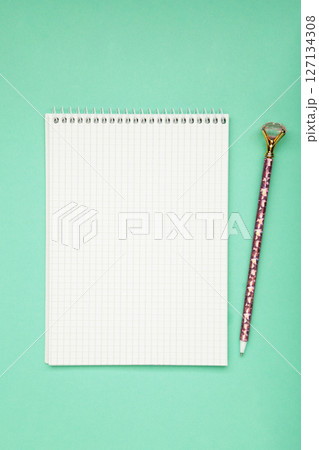 A notebook with a blank page and pen on mint background. Copy space, layout, mockup. A notebook with a blank page and pen on mint background. Copy space, layout, mockup. 127134308