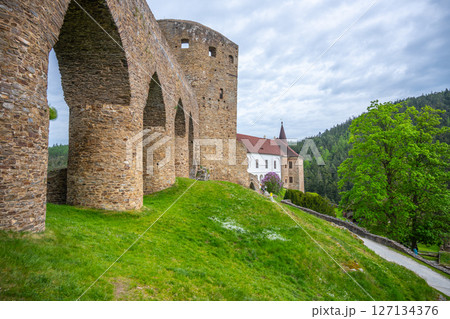 The Gothic Bridge of Velhartice Castle stands majestically over a green hillside, showcasing its stone arches. The surrounding landscape features trees and a pathway leading to the castle. The Gothic Bridge of Velhartice Castle stands majestically over a green hillside, showcasing its stone arches. The surrounding landscape features trees and a pathway leading to the castle. 127134376