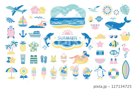 夏・海のイラストセット　南国　旅行　アイコン　ビーチ　装飾 127134725