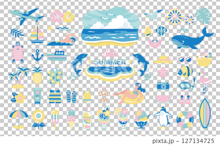 夏・海のイラストセット　南国　旅行　アイコン　ビーチ　装飾 127134725