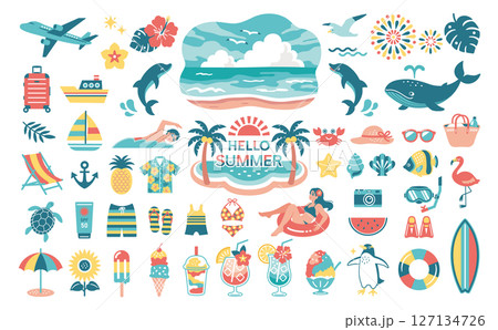 夏・海のイラストセット　南国　旅行　アイコン　ビーチ　装飾 127134726
