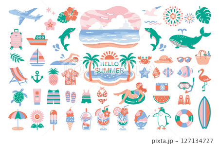 夏・海のイラストセット　南国　旅行　アイコン　ビーチ　装飾 127134727