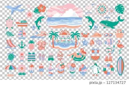 夏・海のイラストセット　南国　旅行　アイコン　ビーチ　装飾 127134727