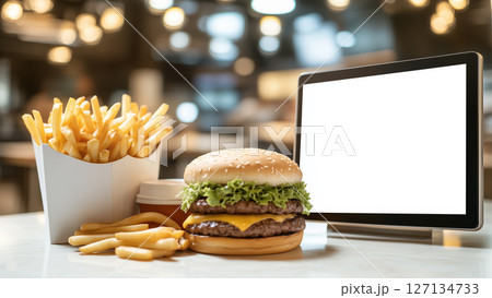 Fast Food Menu Board Mockup, placed next to a delicious hamburger and fries on a counter Fast Food Menu Board Mockup, placed next to a delicious hamburger and fries on a counter 127134733