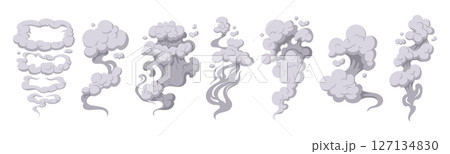 Dust clouds. Smoke puff stream clouds, steaming cloud flows silhouettes flat vector illustrations set. Smoke explosion clouds 127134830