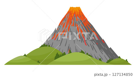 Volcano eruption. Cartoon erupting volcano natural disaster, environmental damage, nature volcano mountain landscape flat vector illustration. Volcano on white background 127134850
