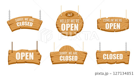 Wooden open or closed signboards. Hanging information boards for bar, cafe or restaurant, retail store wood board flat vector illustration set. Open or closed signboards Wooden open or closed signboards. Hanging information boards for bar, cafe or restaurant, retail store wood board flat vector illustration set. Open or closed signboards 127134851