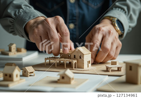 Architect mount model cottage house table office, close up hands. AI Generative 127134961