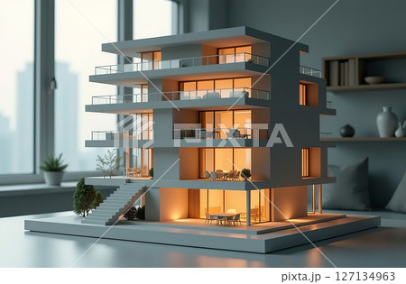 Model multistorey building house stand on architect desk office. AI Generative 127134963