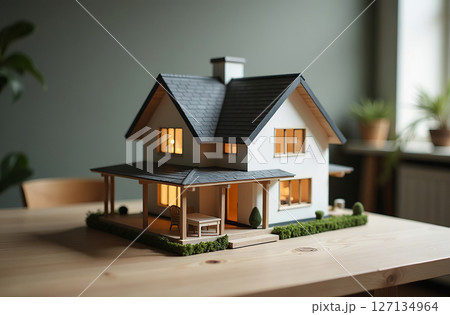 Model cottage building house stand on architect desk office. AI Generative 127134964