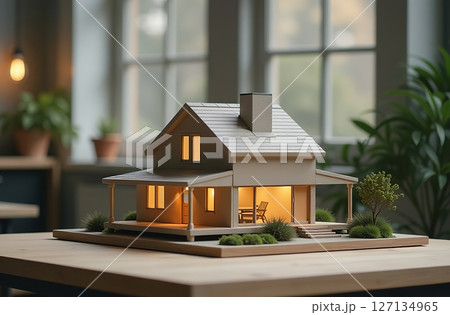 Model cottage building house stand on architect desk office. AI Generative 127134965