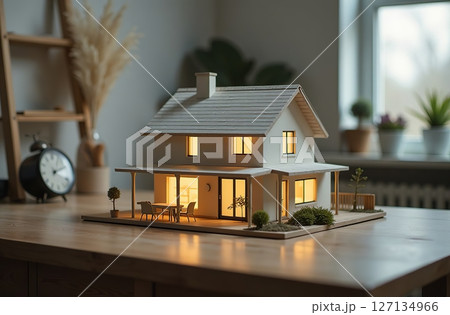Model cottage building house stand on architect desk office. AI Generative 127134966