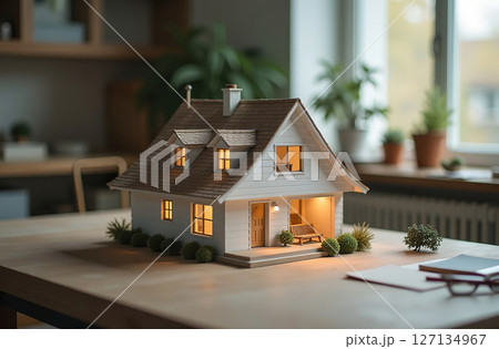 Model cottage building house stand on architect desk office. AI Generative 127134967