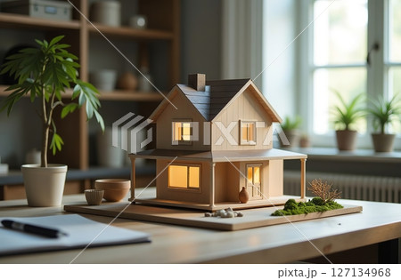 Model cottage building house stand on architect desk office. AI Generative 127134968