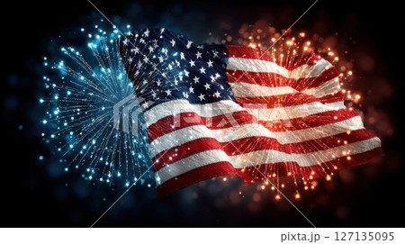 Celebrate freedom with this vibrant American flag art paired with dazzling patriotic fireworks, embodying the spirit of national pride and independence 127135095